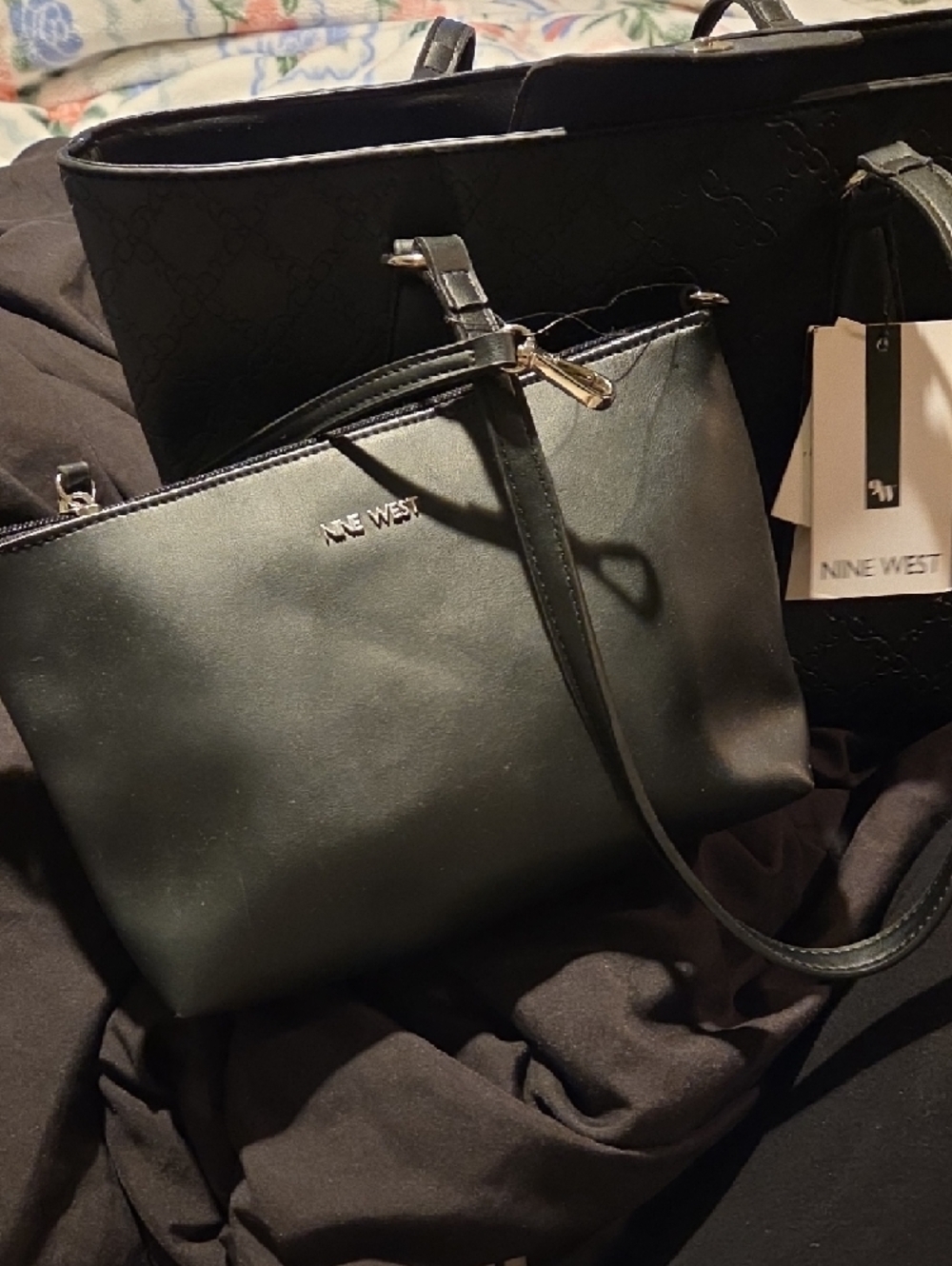 Nine West Black Embossed Chain-Link Tote - Picture 2 of 5